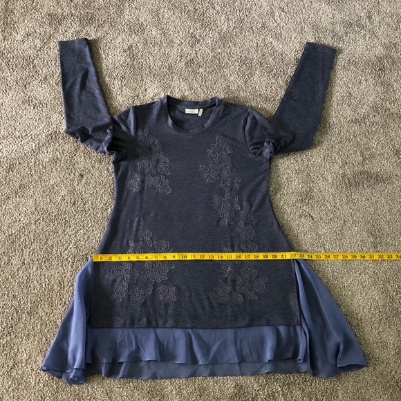 LOGO Lounge Top XS Jersey Knit Chiffon Flared Hem Embroidered Boho Pullover - Picture 6 of 11